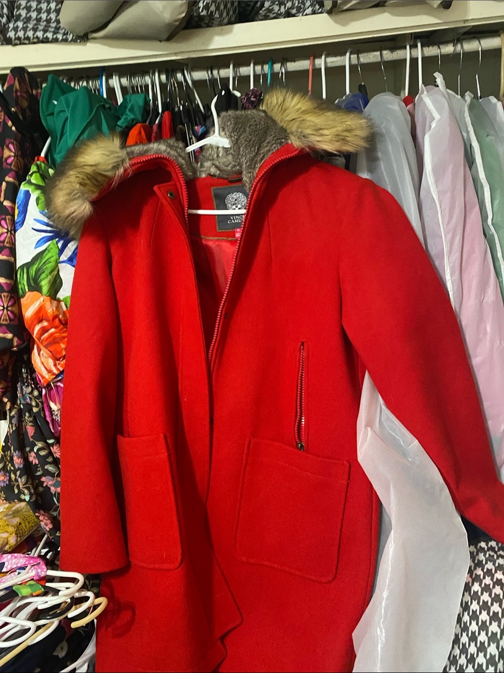 Vince Camuto Bright Red Wool Coat with Faux Fur Trim